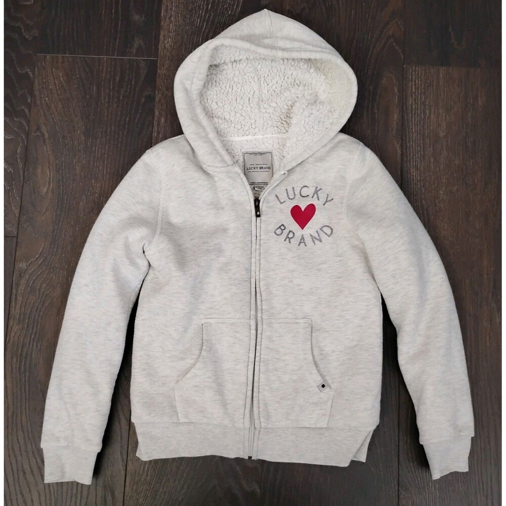 Lucky Brand Girls Gray Sherpa Lined Full Zip Hoodie Heart Logo Size Medium 10/12